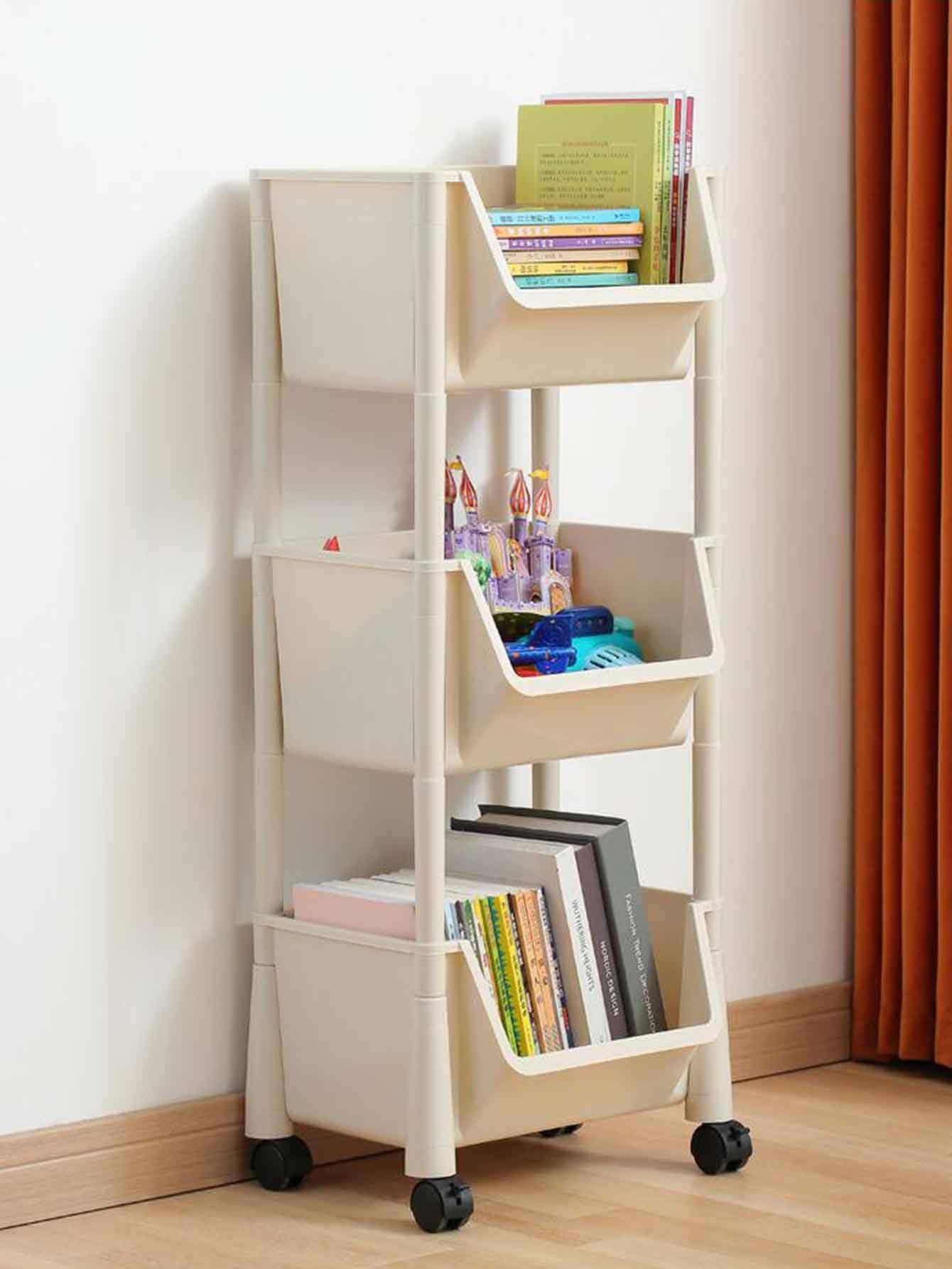 1pc Movable 3Tier Plastic Storage Rack With Wheels, Home Use Bookshelf