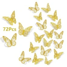 72 miếng dán hình bướm rỗng 3D, miếng dán hình bướm trang trí, miếng dán, miếng dán tường, miếng dán vinyl trang trí nhà cửa, vật dụng trang trí mùa xuân làm mới ngôi nhà của bạn, miếng dán trang trí Rama quà tặng sinh nhật tốt nghiệp - Vàng - Xem 1
