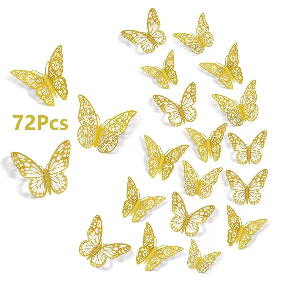 72 miếng dán hình bướm rỗng 3D, miếng dán hình bướm trang trí, miếng dán, miếng dán tường, miếng dán vinyl trang trí nhà cửa, vật dụng trang trí mùa xuân làm mới ngôi nhà của bạn, miếng dán trang trí Rama quà tặng sinh nhật tốt nghiệp - Vàng - Xem 1