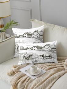 1入組無填充物風景印花靠墊套，現代奶牛和農場印花裝飾靠墊套適用於床、沙發 - 彩色 - 查看 3