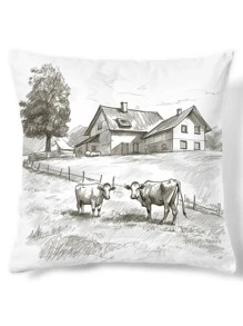 1pc Landscape Print Cushion Cover Without Filler, Modern Cow & Farm Print Decorative Cushion Cover For Bed, Sofa
