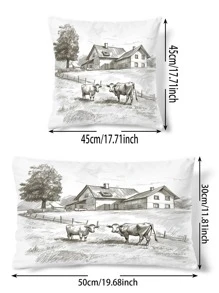 1pc Landscape Print Cushion Cover Without Filler, Modern Cow & Farm Print Decorative Cushion Cover For Bed, Sofa