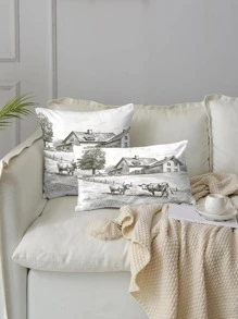 1pc Landscape Print Cushion Cover Without Filler, Modern Cow & Farm Print Decorative Cushion Cover For Bed, Sofa
