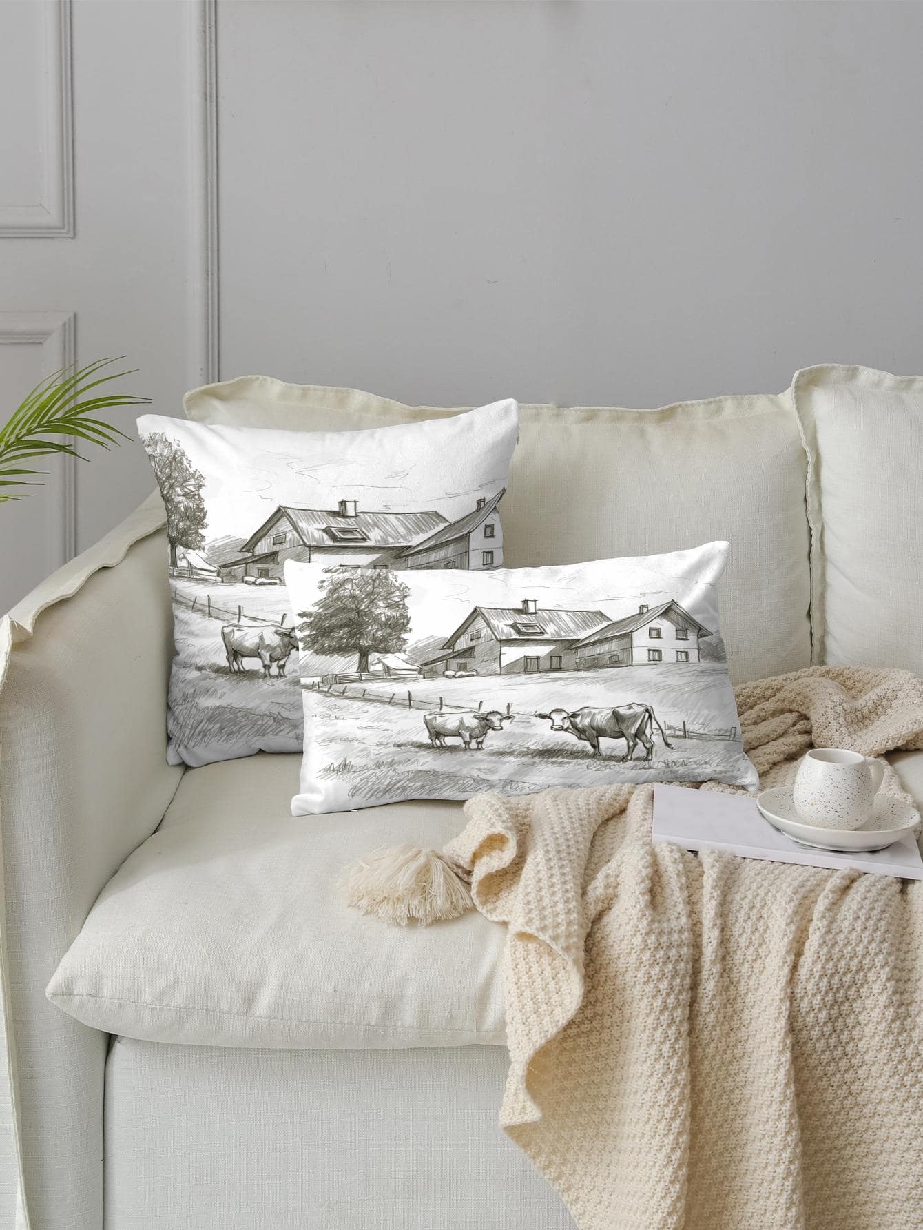 1pc Landscape Print Cushion Cover Without Filler, Modern Cow & Farm Print Decorative Cushion Cover For Bed, Sofa