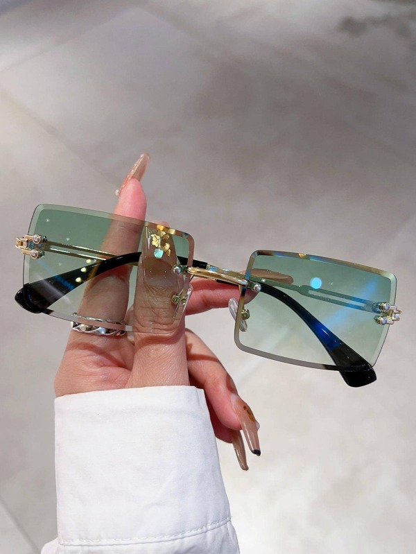 1 Stück Vintage randlose Farbverlauf Damen Mode Quadrat Grün Linse Mode Brille für Reise Sonnenbrillen Strand Accessoires Strand Accessoires für Damen Brillen Sonnenbrillen Basics Herbst Winter Damen Outfits Kleidung Geschäftlich Lässig Geschenke für Sommer Strand Urlaub, Outdoor, Reise