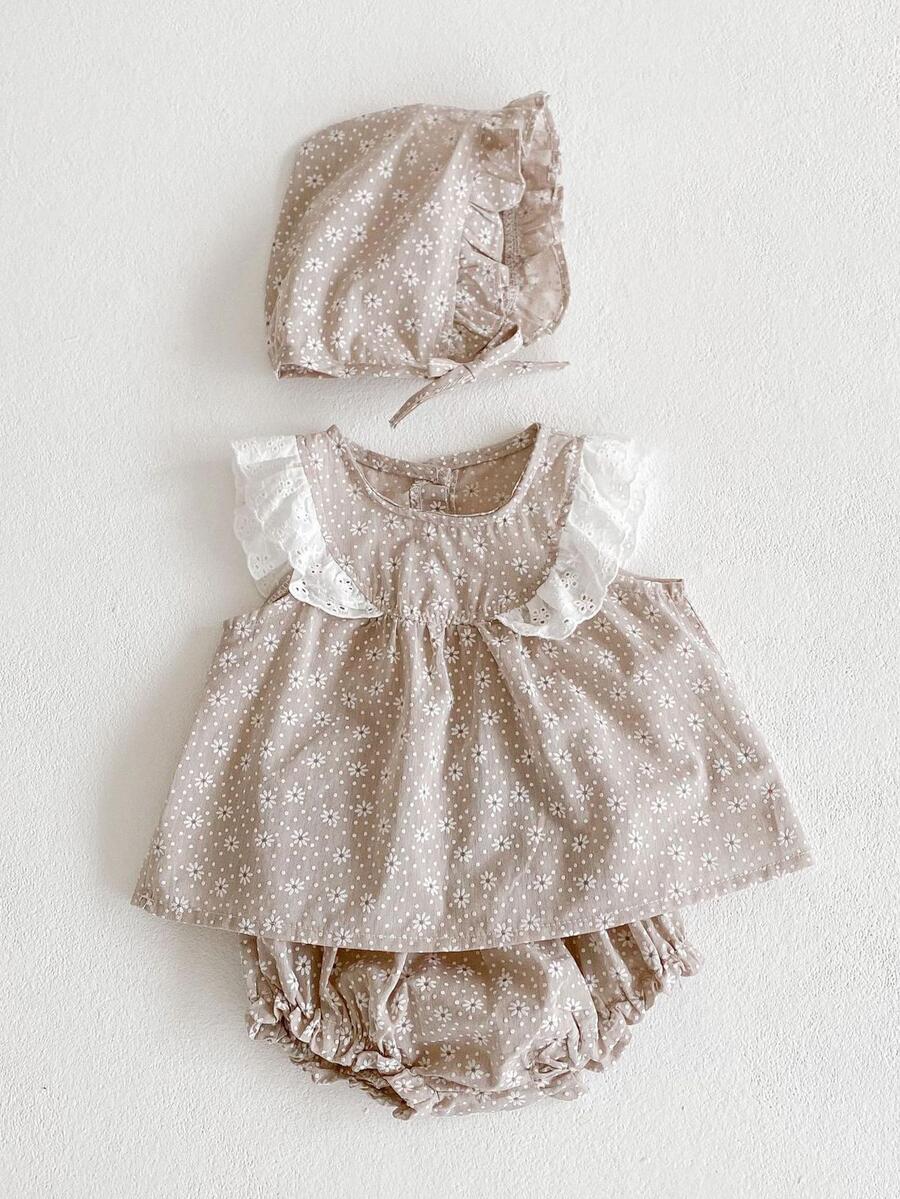 Bebé Shorts con top con estampado floral ribete con fruncido & Accesorio Sombrero - Gris - Ver 1