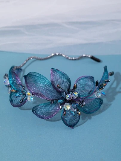 1pc Women's Blue Handmade Flower & Crystal Headband, 3d Ombre Color Hair Hoop For Daily, Party, Evening Dress Accessories Elegant Tiaras Valentine's Day Accessories,Wedding Hair Accessories