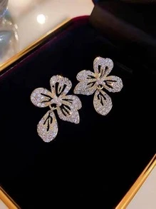 1雙魅力四射鋅合金人造珍珠裝飾水鑽花耳釘適合女士適合派對 - 金色 - 查看 1