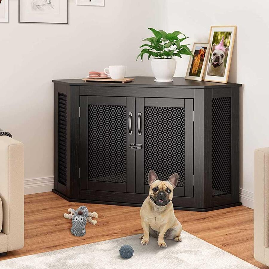 Picture of Corner Dog Crate Furniture, Wooden Dog Crate Kennel with Cushion and ...