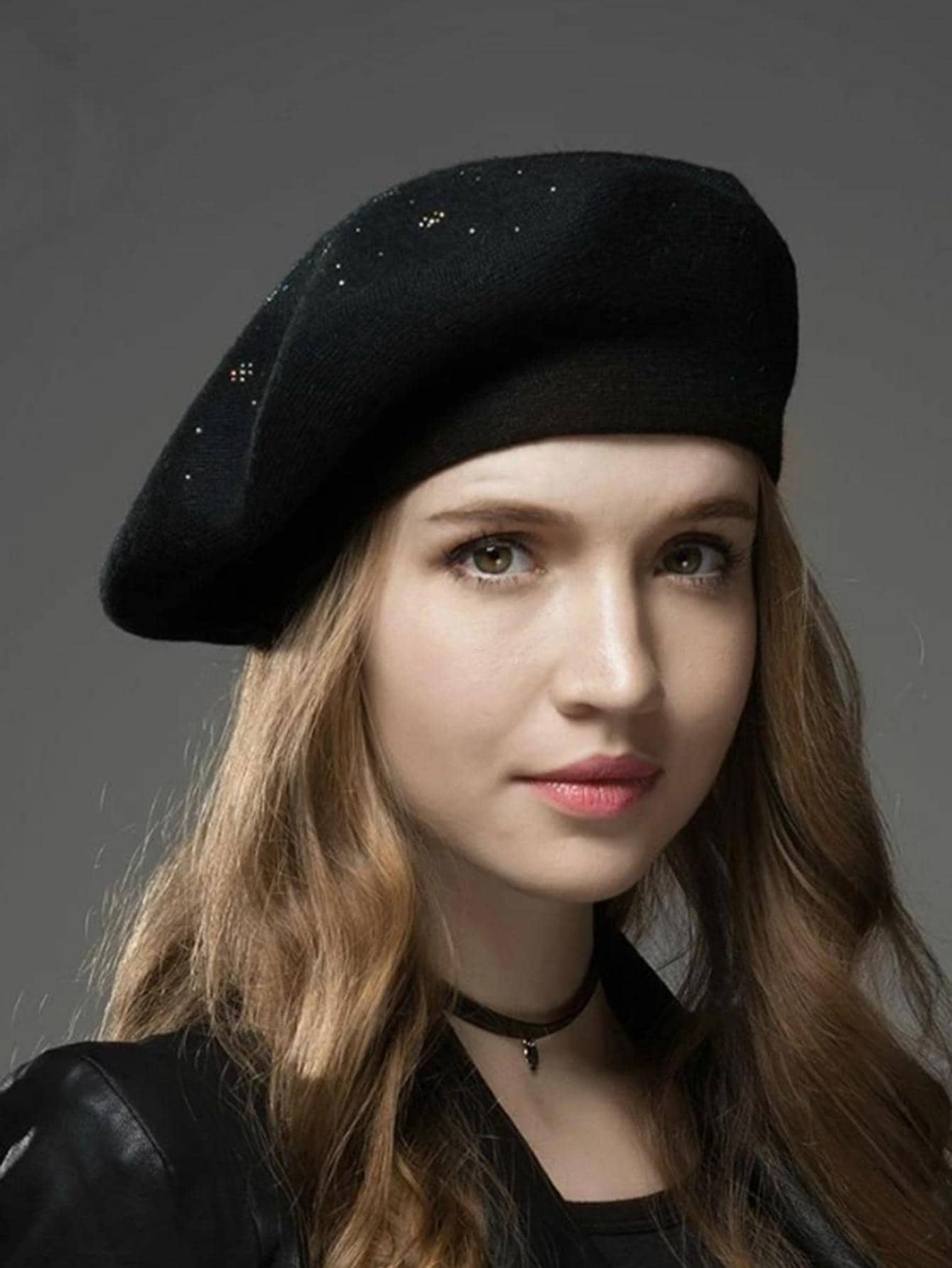 1 Miếng Của phụ nữ Dệt kim Mũ beret Với Hoa Đồ trang trí Rhinestone , Đàn hồi Ấm áp Mũ đội đầu cho thú cưng - màu đen - Xem 1