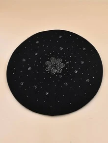 1 Miếng Của phụ nữ Dệt kim Mũ beret Với Hoa Đồ trang trí Rhinestone , Đàn hồi Ấm áp Mũ đội đầu cho thú cưng - màu đen - Xem 2