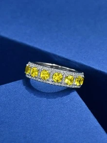 Cubic Zirconia Decor Sterling Silver Ring - Yellow - View 3