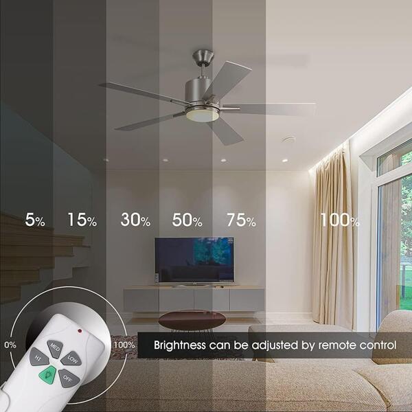 Ceiling Fan with Lights Remote Control, 52Inch, Brushed Nickel, 5 Blades, Dimmable