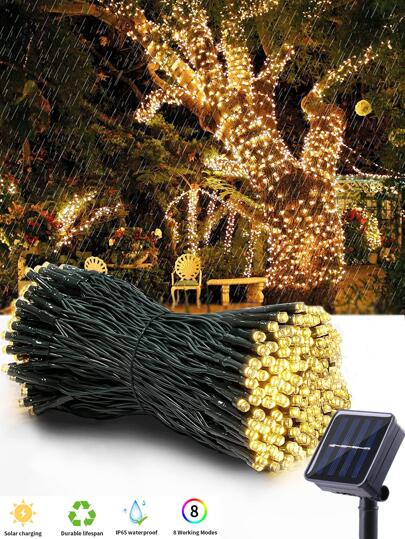 1 pieza 20/50/100 LED 5/7/12 M 8 modos a prueba de agua Luces de guirnalda solar de hadas, luz de cadena LED blanca cálida para decoración de fiesta, patio, otoño, casa y uso en exteriores