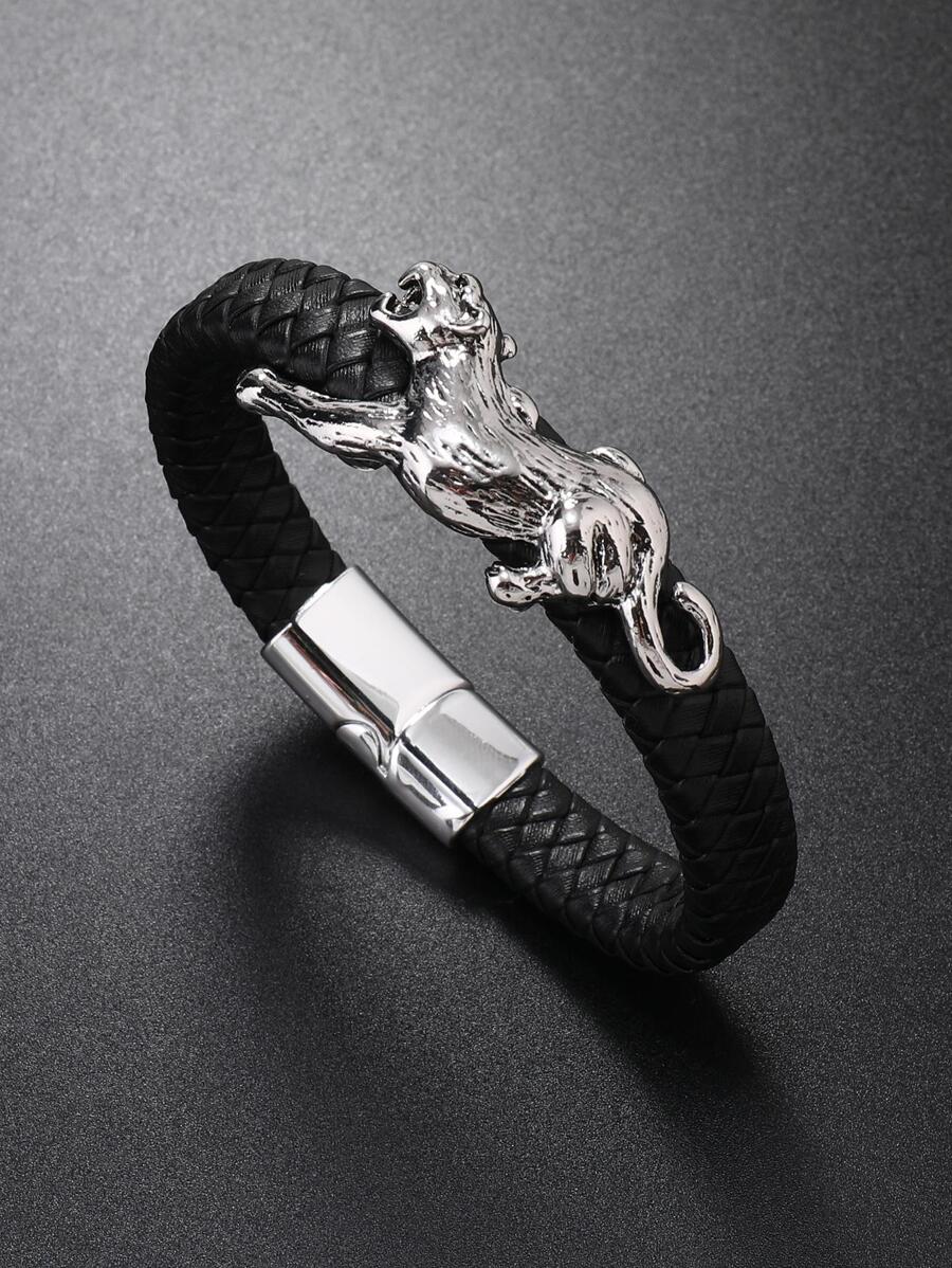 1入組龐克PU聚氨酯豹紋裝飾編織細節磁扣細繩手鏈適合男士日常裝飾 - 黑色 - 查看 1