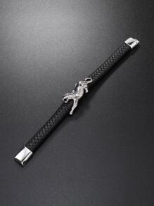 1入組龐克PU聚氨酯豹紋裝飾編織細節磁扣細繩手鏈適合男士日常裝飾 - 黑色 - 查看 4