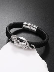 1入組龐克PU聚氨酯豹紋裝飾編織細節磁扣細繩手鏈適合男士日常裝飾 - 黑色 - 查看 2