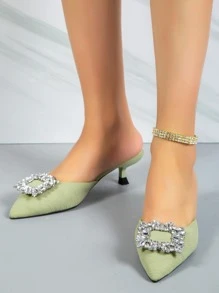 魅力四射綠色高跟鞋適用於水鑽裝飾尖頭酒杯高跟帶跟穆勒鞋 - 綠色 - 查看 2