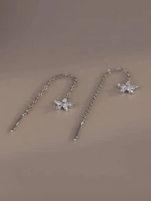 ELSEDES 1對時尚立體氧化鋯花裝飾純銀穿線耳環，適用於女性日常裝扮、婚禮訂婚新娘珠寶飾品、度假 - 銀色 - 查看 4