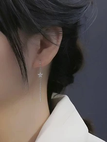 ELSEDES 1對時尚立體氧化鋯花裝飾純銀穿線耳環，適用於女性日常裝扮、婚禮訂婚新娘珠寶飾品、度假 - 銀色 - 查看 2