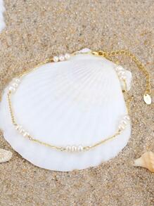 1入組925純銀培養淡水珍珠踝鏈,14k鍍金海邊假期女式珠寶踝鏈 - 金黃色 - 查看 2