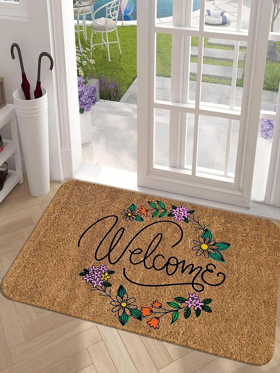 1pc Flower & Letter Graphic Door Mat, Vintage Polyester Anti-slip Indoor Rug For Home - Multicolor - View 1