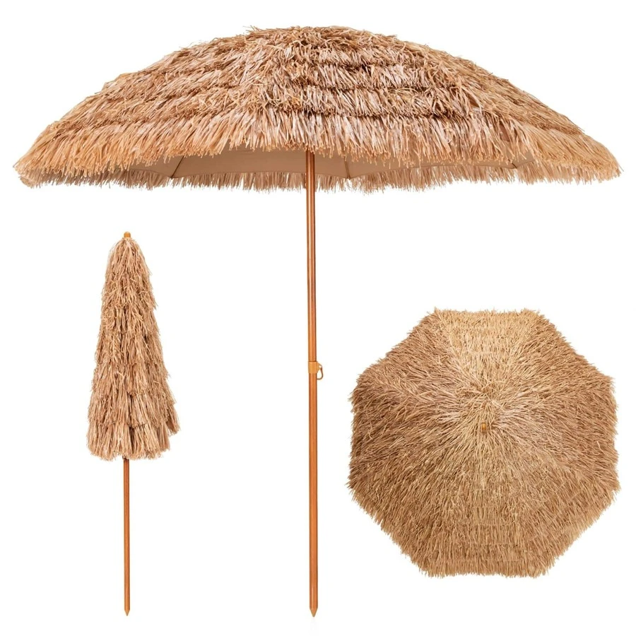 Costway 8 FT Patio Thatched Tiki Umbrella 8 Ribs Portable Hawaiian Hula Beach - Camel - View 1