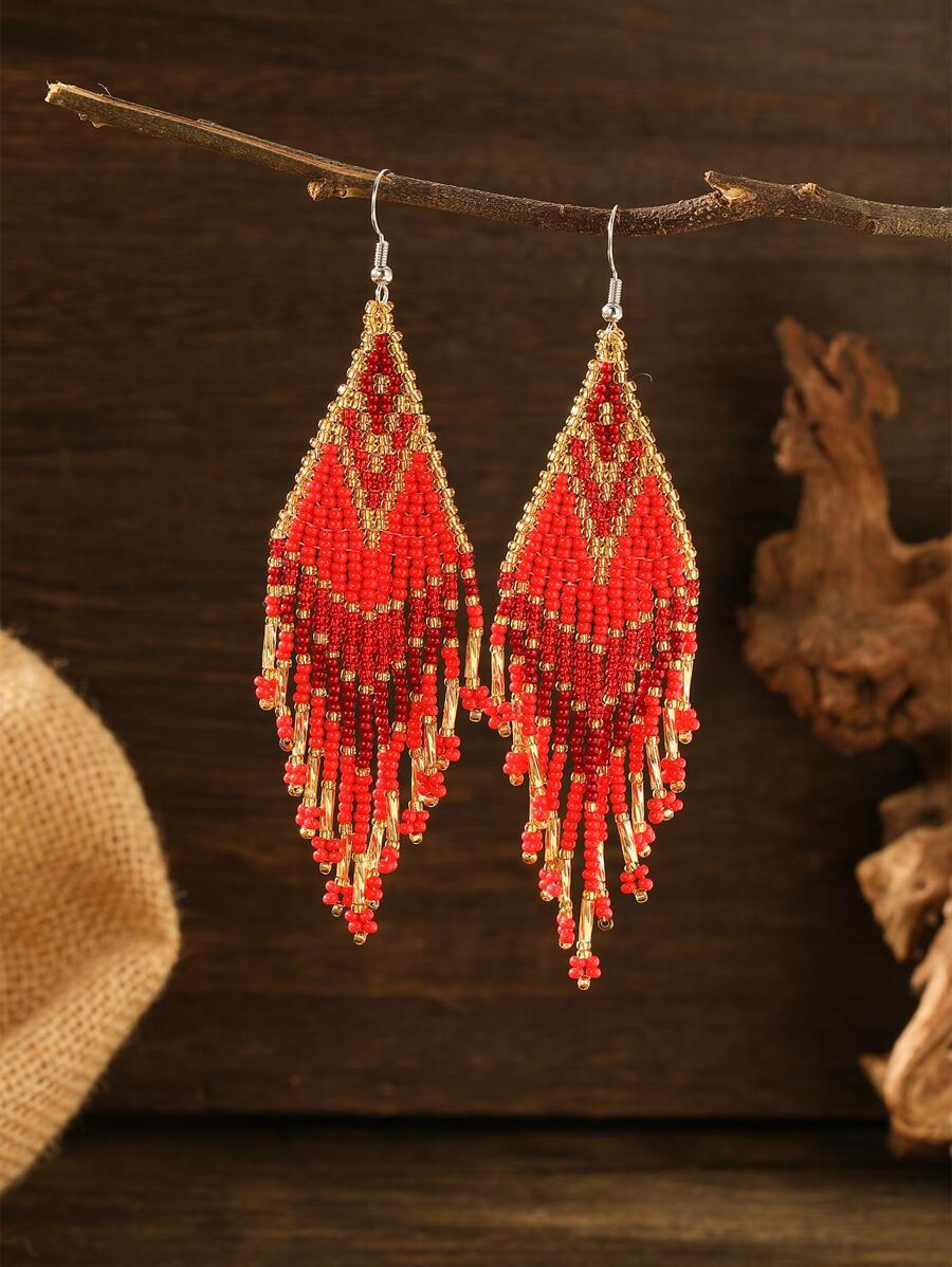 SOUL BEADING 釘珠流蘇耳墜 - 紅色 - 查看 1