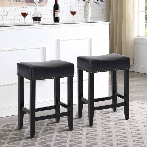 Fumahaus Set Of 2 Black Counter Height Bar Stools Modern PU Leather Upholstered Barstools With Nailhead Trim Luxurious Saddle Stool With Foam Padded Thick Cushion Kitchen Island Stool For Dining Room Kitchen Room Decor