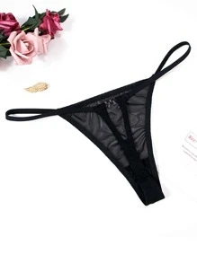 Lip Print Lace Thong - Black - View 5