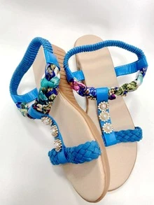 女性水鑽和人造珍珠裝飾編織設計踝帶度假戶外坡跟涼鞋