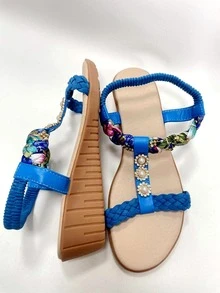 女性水鑽和人造珍珠裝飾編織設計踝帶度假戶外坡跟涼鞋