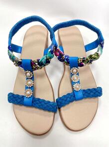 女性水鑽和人造珍珠裝飾編織設計踝帶度假戶外坡跟涼鞋