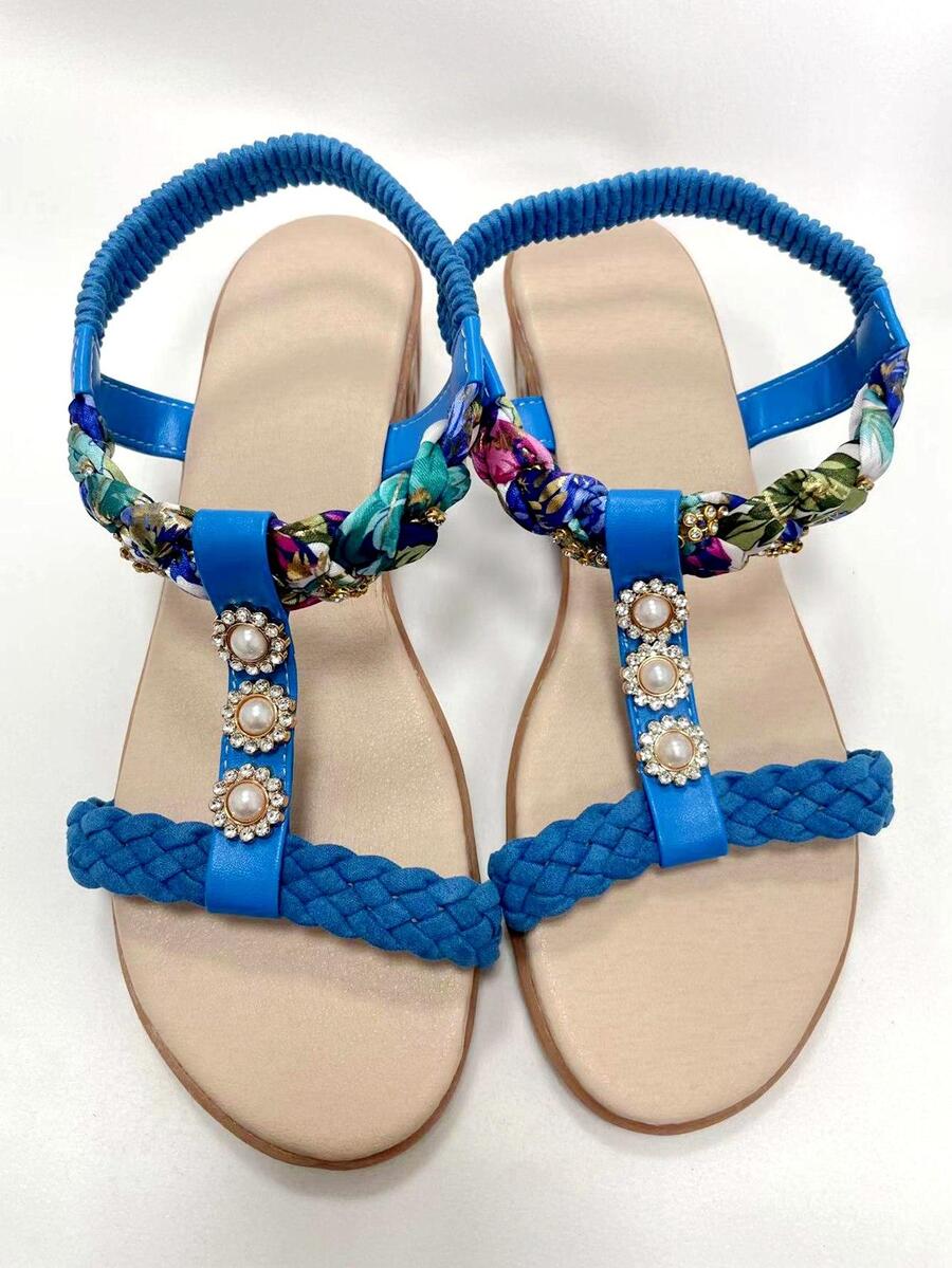 女性水鑽和人造珍珠裝飾編織設計踝帶度假戶外坡跟涼鞋