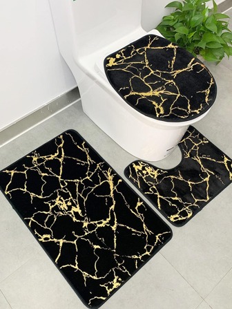 3pcs Marble Textured Plush Bath Mat Set, Creative Polyester Anti-Slip Bath Rug Set For Bathroom Home Bathroom Decor Outdoor Rug Door Mat Fall Decor Carpet Bathroom Accessories Back To School