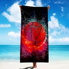 1pc Basketball Print Beach Towel, Modern Microfiber Bath Towel, For Vacation, Travel, Bath, Swimming - Red - View 1