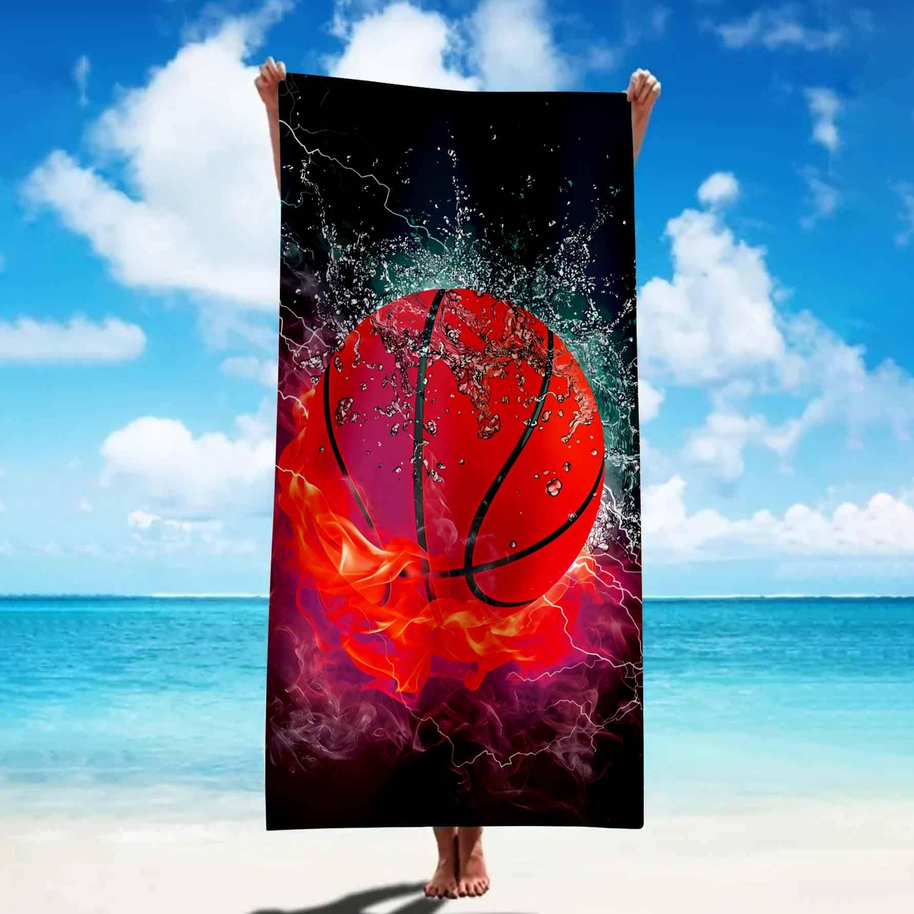 1pc Basketball Print Beach Towel, Modern Microfiber Bath Towel, For Vacation, Travel, Bath, Swimming - Red - View 1