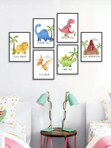 6入組卡通恐龍火山椰樹藝術畫布印刷家居裝飾客廳無框畫 - 彩色 - 查看 4
