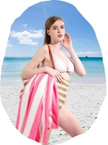 1 Khăn Đi Biển Hoa Văn Sọc, Khăn Tắm Sợi Nhỏ Thấm Hút Đơn Giản Cho Du Lịch, Bơi Lội - Hồng - Xem 4