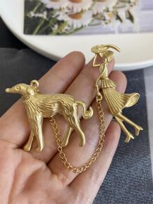 人像和狗狗設計胸針 - 金色 - 查看 2