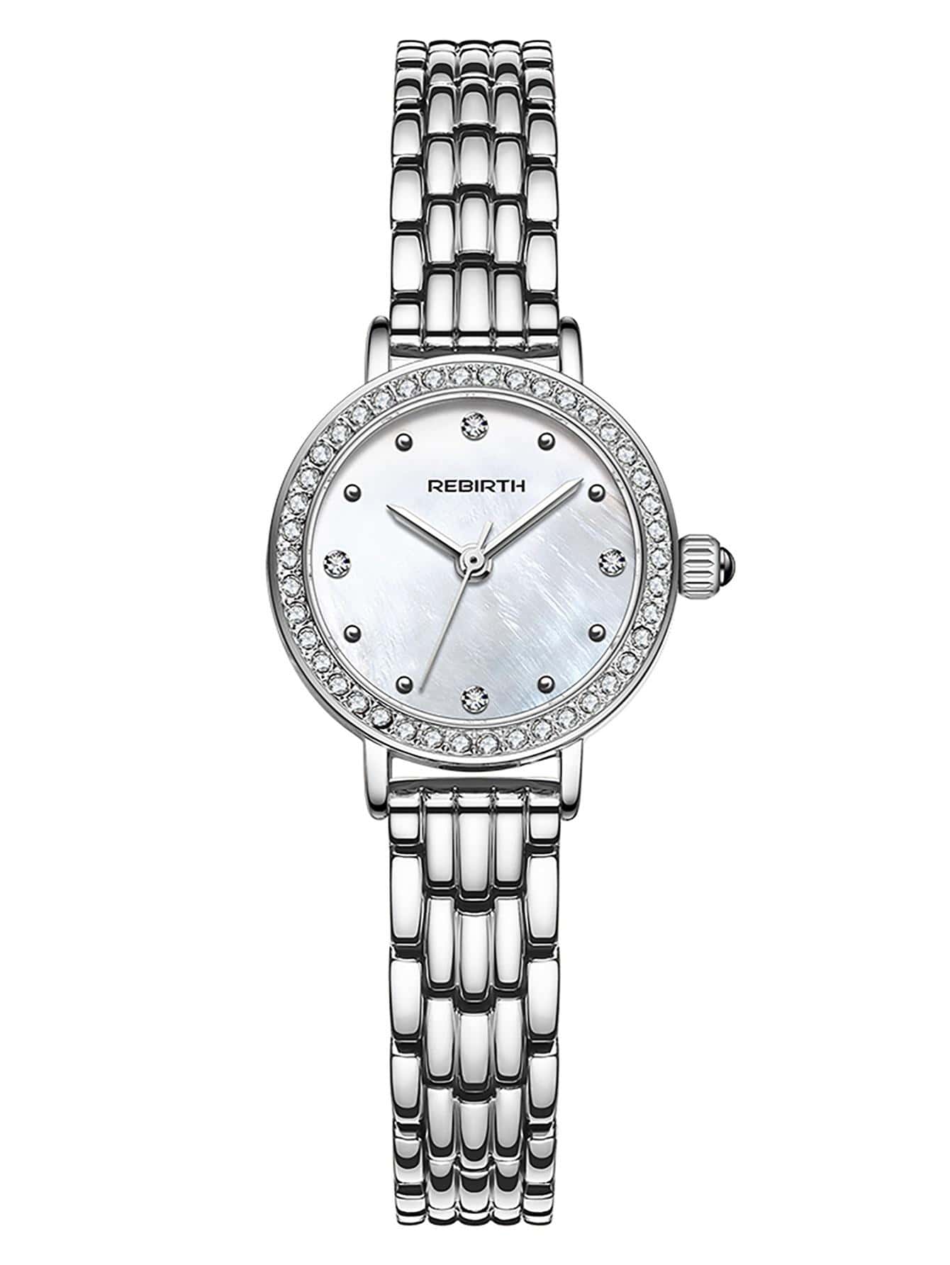REBIRTH 水鑽裝飾圓形指針石英手錶 - 銀色 - 查看 1