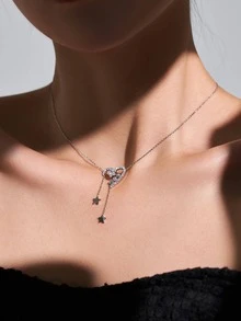Nooxian 水鑽心和星形墜飾Y字項鍊
