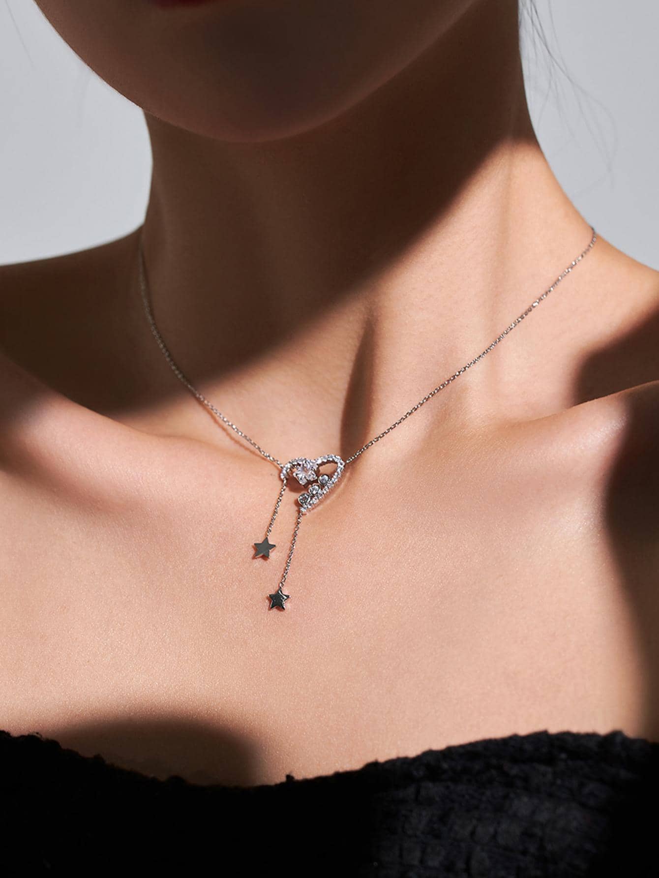 Nooxian 水鑽心和星形墜飾Y字項鍊