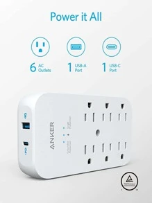 Anker Outlet Extender and USB Wall Charger, 6 Outlets and 2 USB Ports, 20W USB C Power Delivery High-Speed Charging iPhone 12/ iPhone 12 Pro, Multi-Plug for College Dorm Rooms, Home, and Office