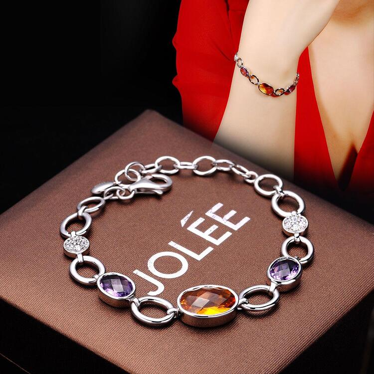JOLEE Natural Crystal & Multi-colored Gems Minimalist S925 Silver Bracelet With Yellow And Purple Crystal Inlays - Premium And Exquisite Gift For Women - Multicolor - View 4