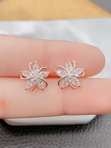 Small Flower Gold Plated Stud Earrings 2pcs Women CZ Crystal Stud Earrings Daily Wear Piercing Earrings Bridal Wedding Jewelry For Girl Wife GirlFriend Couple Valentines,Mom,Mother,Mother's Day,Gift - Yellow Gold - View 8