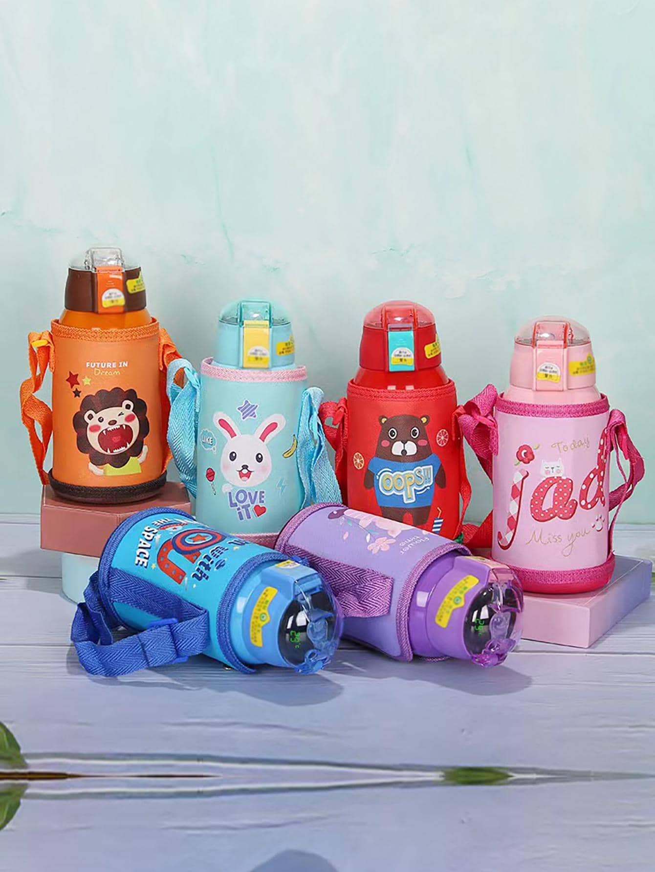 1 Đồ Họa Hoạt Hình Nắp Bình Nước, Dễ Thương Có Thể Điều Chỉnh Di Động Tumbler Tay Dành Cho Học Sinh - Đỏ - Xem 1