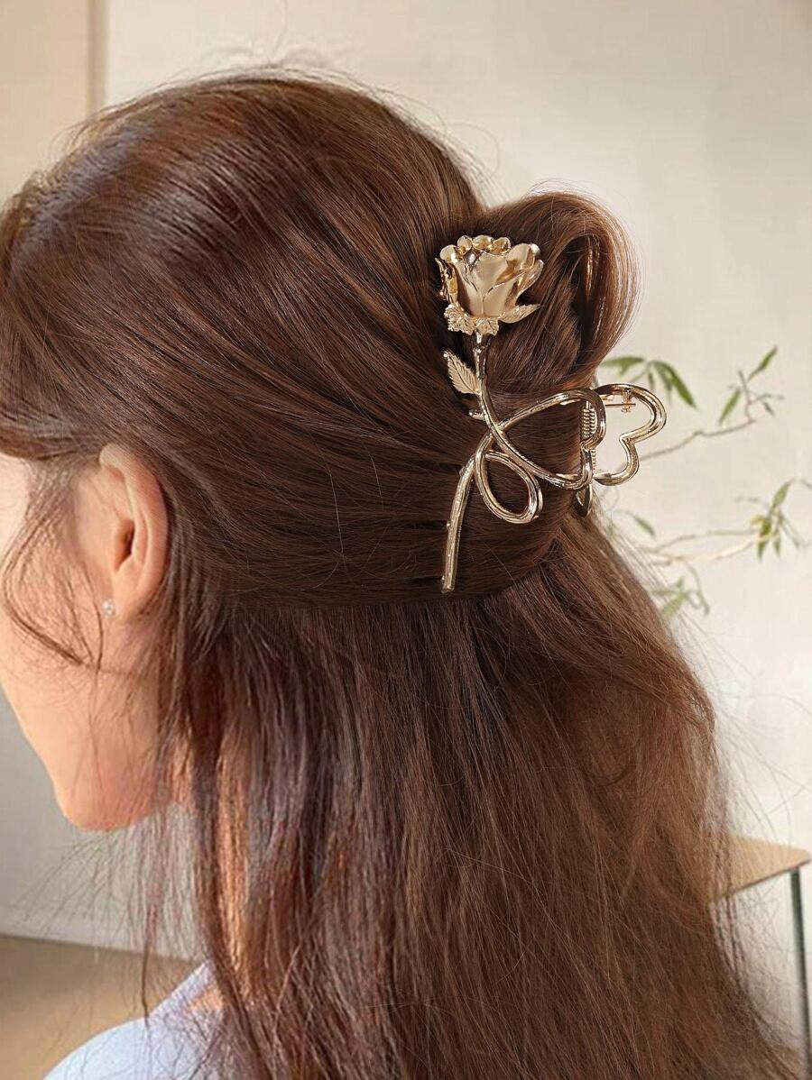 1 chiếc kẹp tóc lớn bằng kim loại hình hoa hồng cổ điển, phụ kiện tóc hoa thanh lịch.