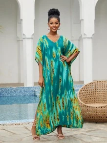 Tie Dye Split Hem Cover Up Dress - Green - View 1