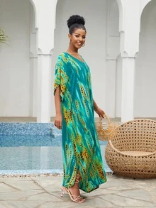 Tie Dye Split Hem Cover Up Dress - Green - View 9